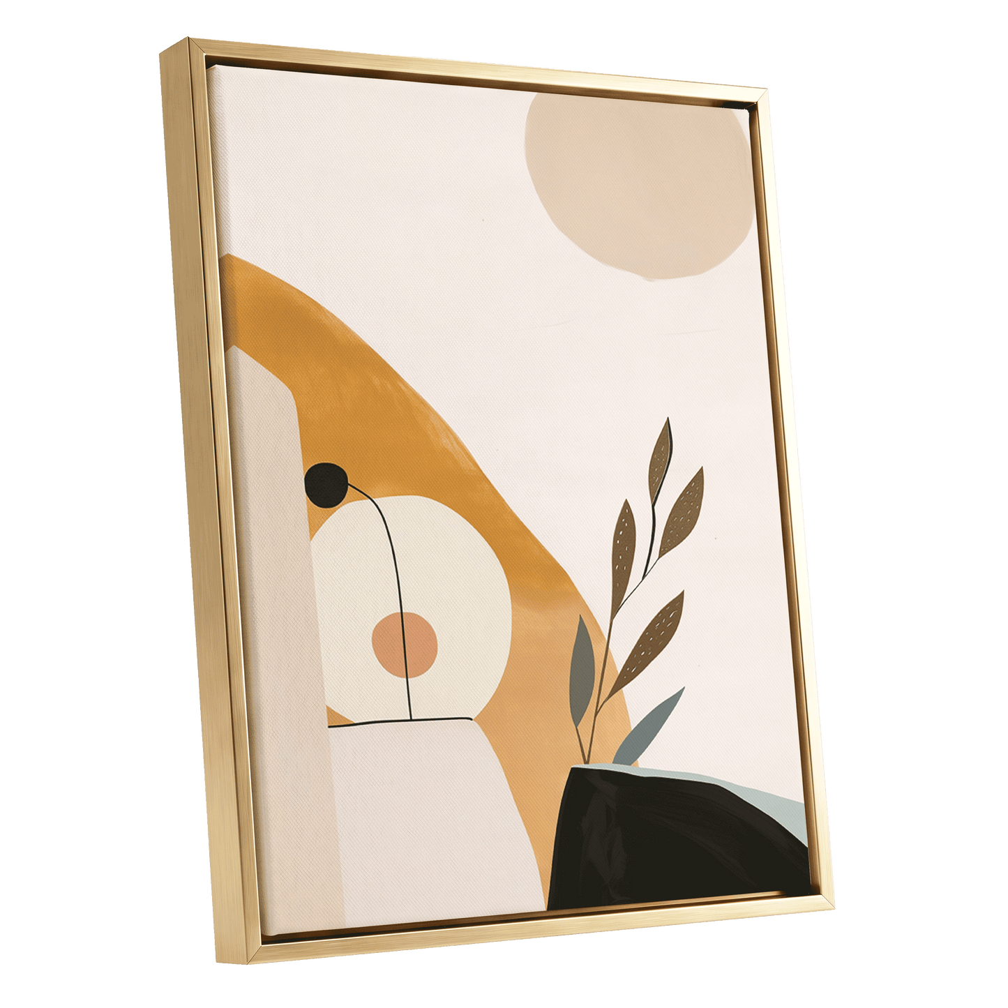 Gilded Botanical Balance, beige, gold, black nature wall art shown as a gold framed canvas wall art