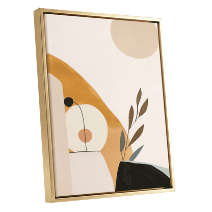 Gilded Botanical Balance, beige, gold, black nature wall art shown as a gold framed canvas wall art