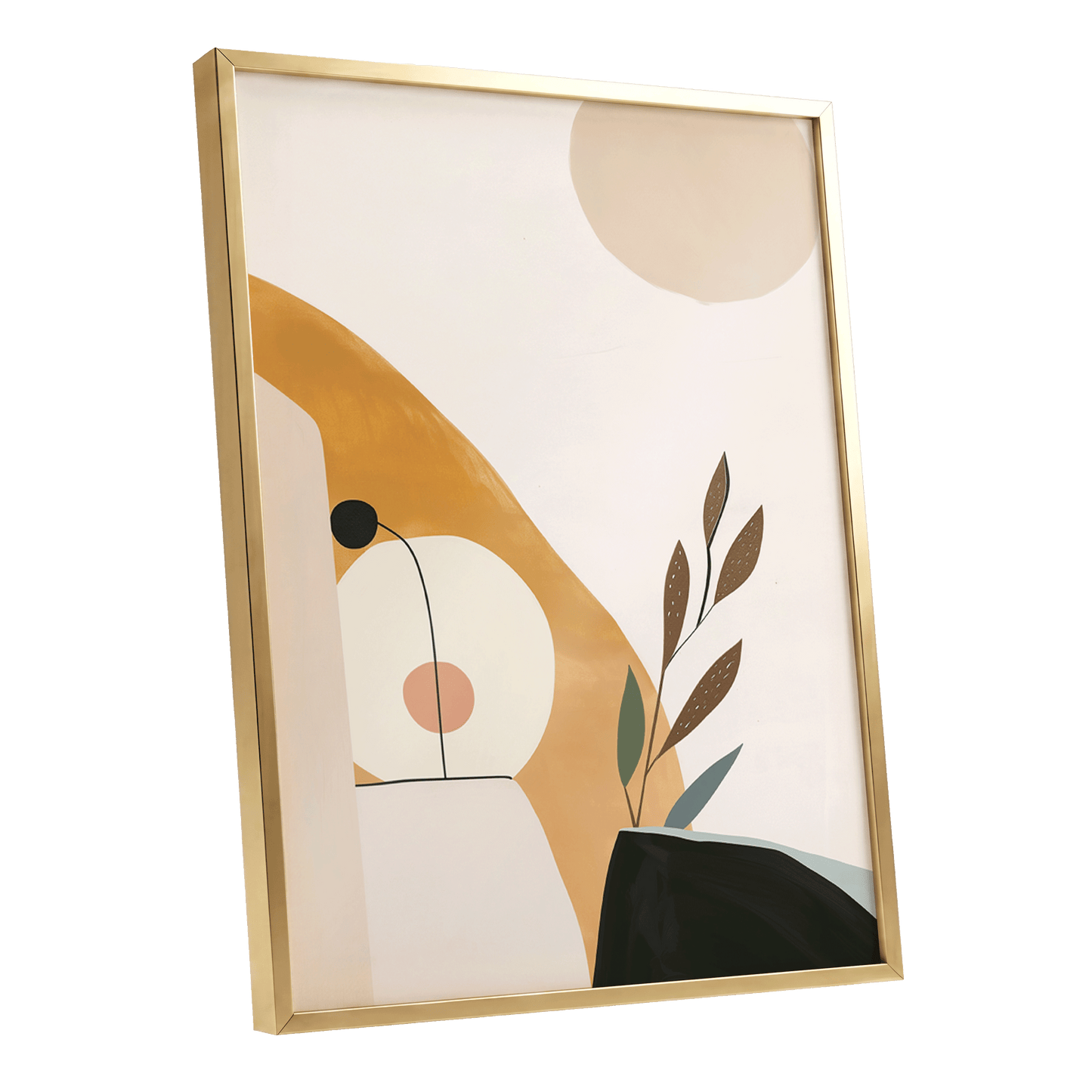 Gilded Botanical Balance, beige, gold, black nature wall art shown as a gold framed poster wall art print