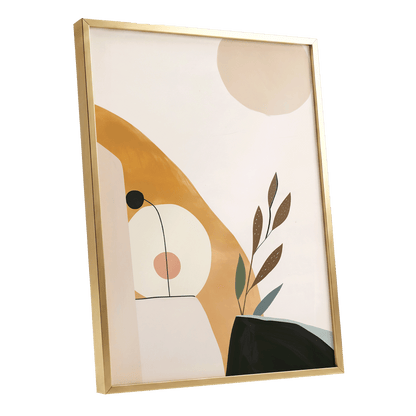 Gilded Botanical Balance, beige, gold, black nature wall art shown as a gold framed poster wall art print