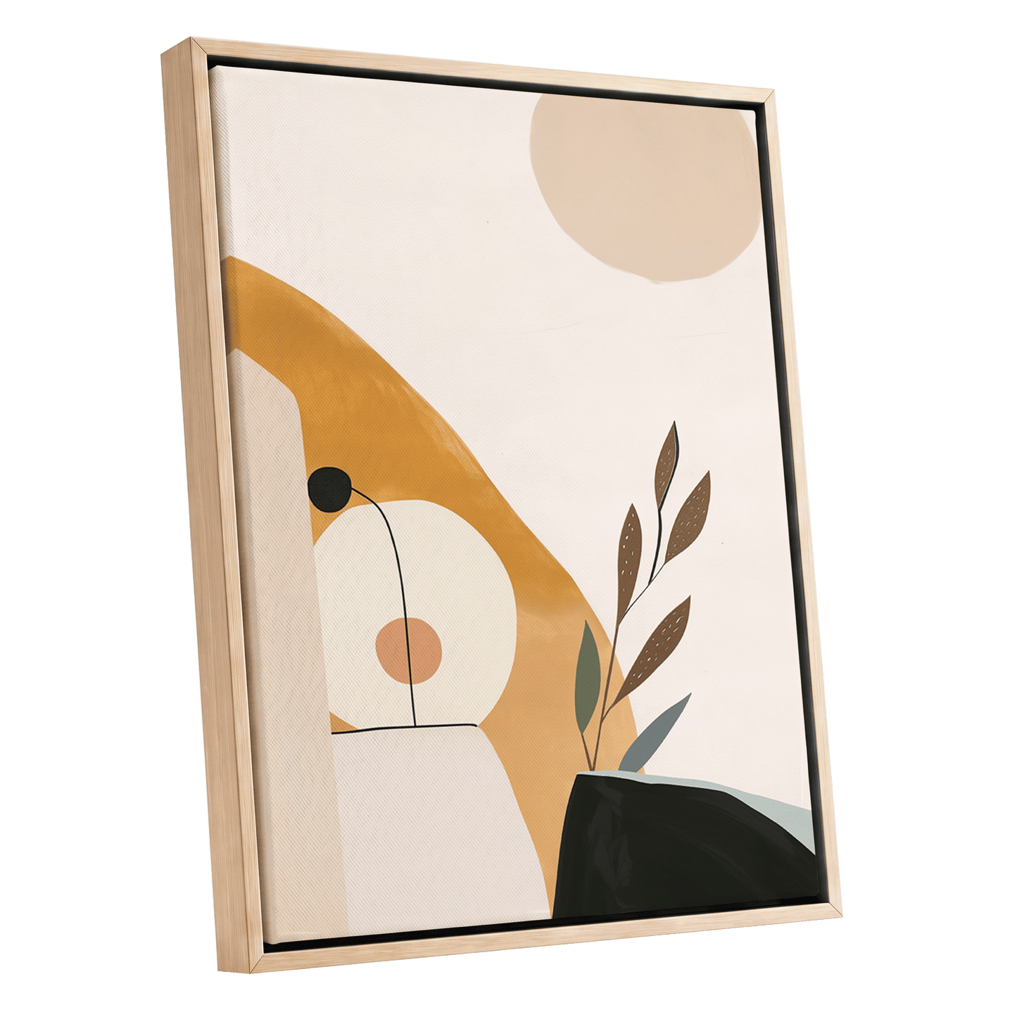 Gilded Botanical Balance, beige, gold, black nature wall art shown as a oak framed canvas wall art