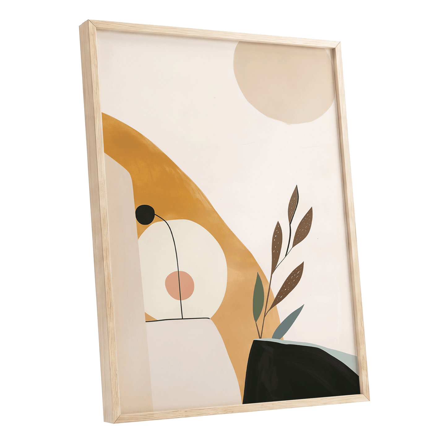 Gilded Botanical Balance, beige, gold, black nature wall art shown as a oak framed poster wall art print