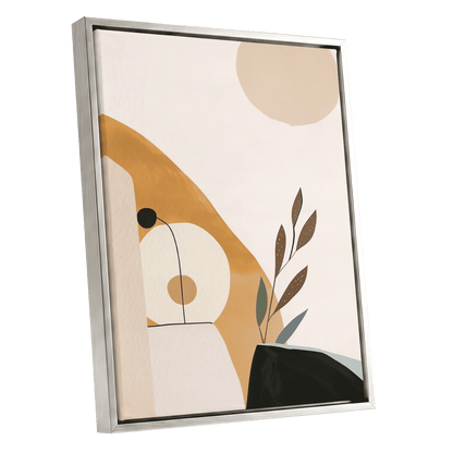 Gilded Botanical Balance, beige, gold, black nature wall art shown as a silver framed canvas wall art