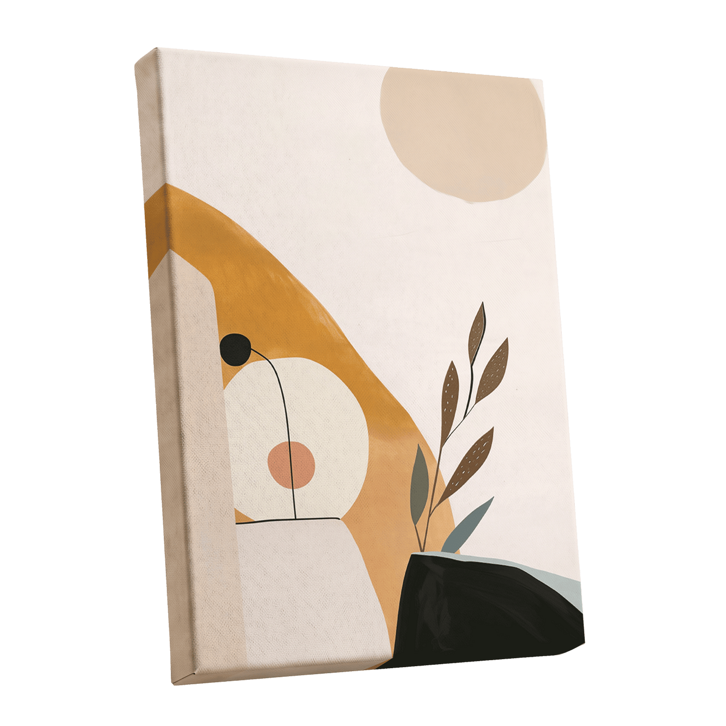 Gilded Botanical Balance, beige, gold, black nature wall art shown as a stretched canvas wall art