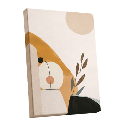 Gilded Botanical Balance, beige, gold, black nature wall art shown as a stretched canvas wall art