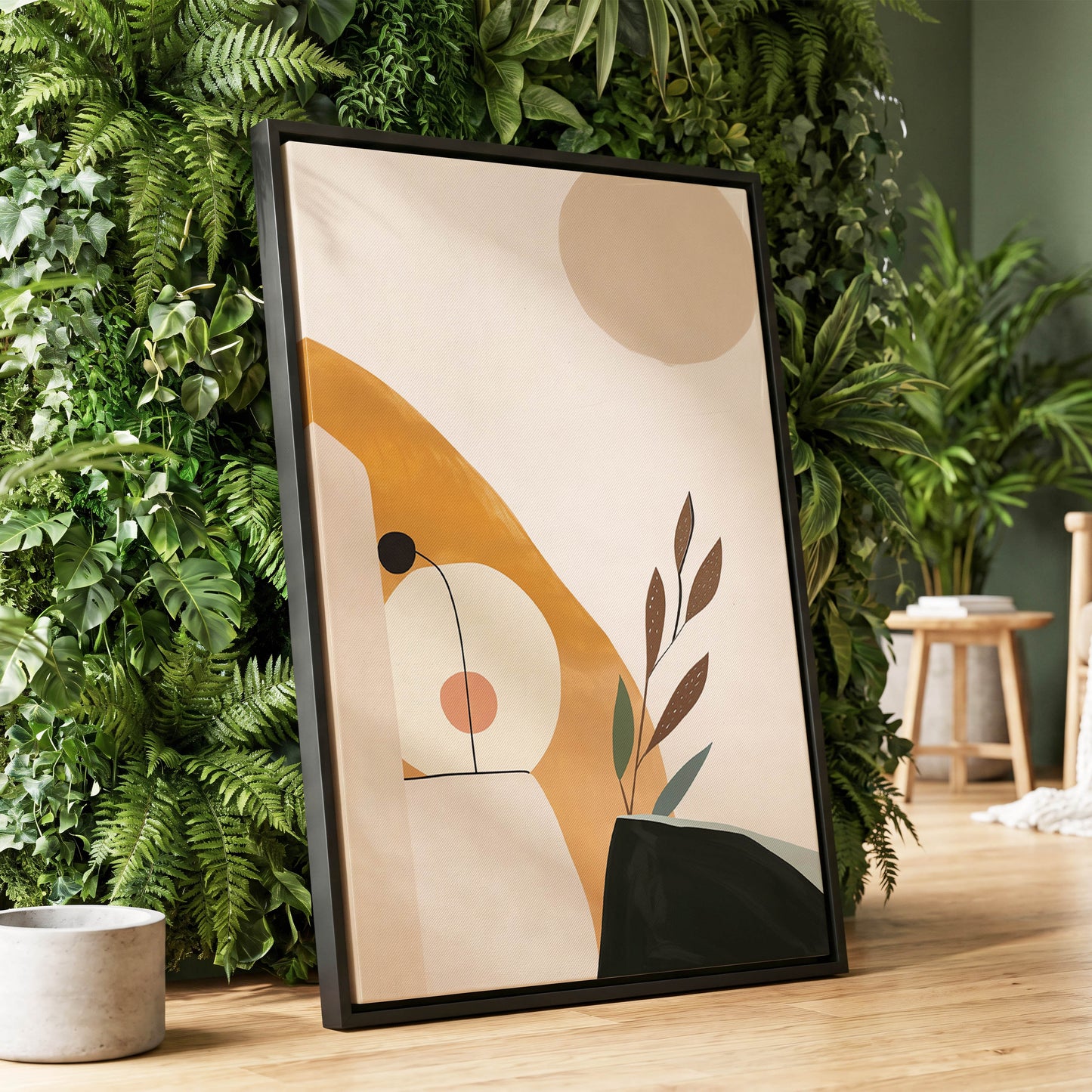 Gilded Botanical Balance, beige, gold, black nature wall art displayed in a styled interior, gallery view 1