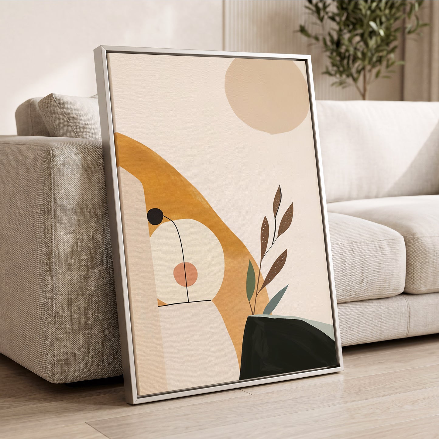 Gilded Botanical Balance, beige, gold, black nature wall art displayed in a styled interior, gallery view 2
