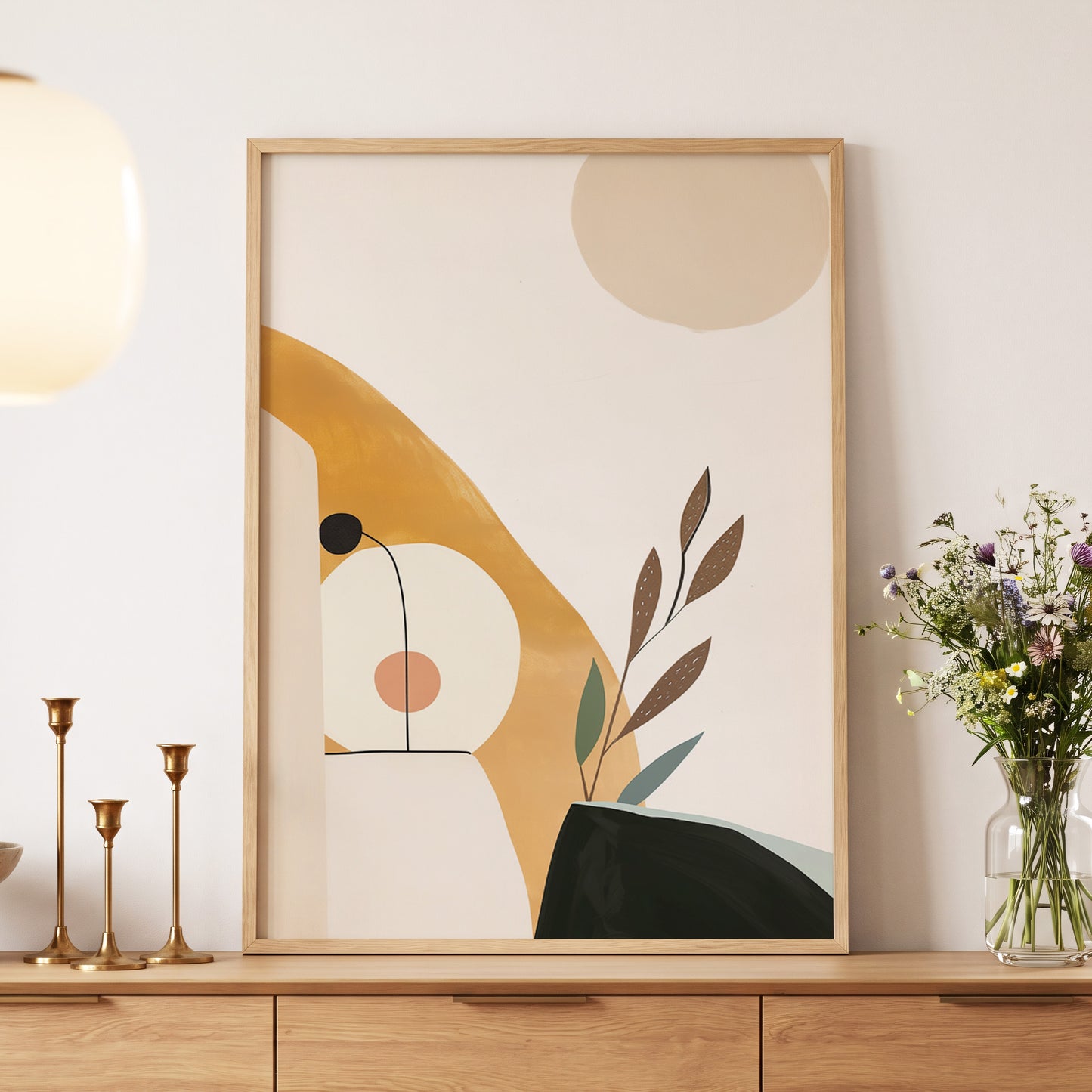 Gilded Botanical Balance, beige, gold, black nature wall art displayed in a styled interior, gallery view 5