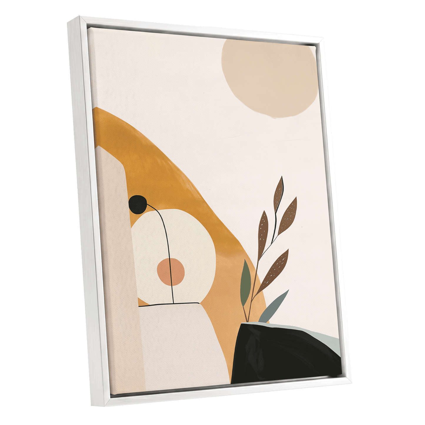 Gilded Botanical Balance, beige, gold, black nature wall art shown as a white framed canvas wall art