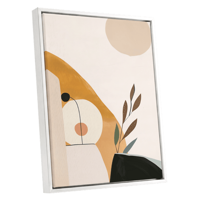 Gilded Botanical Balance, beige, gold, black nature wall art shown as a white framed canvas wall art