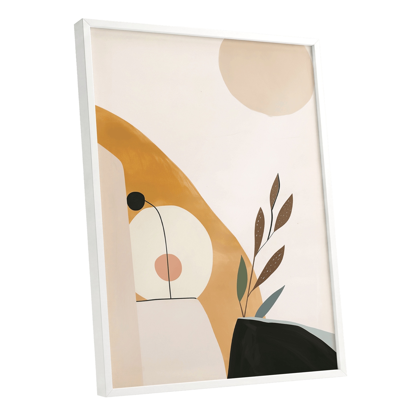 Gilded Botanical Balance, beige, gold, black nature wall art shown as a white framed poster wall art print