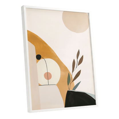 Gilded Botanical Balance, beige, gold, black nature wall art shown as a white framed poster wall art print