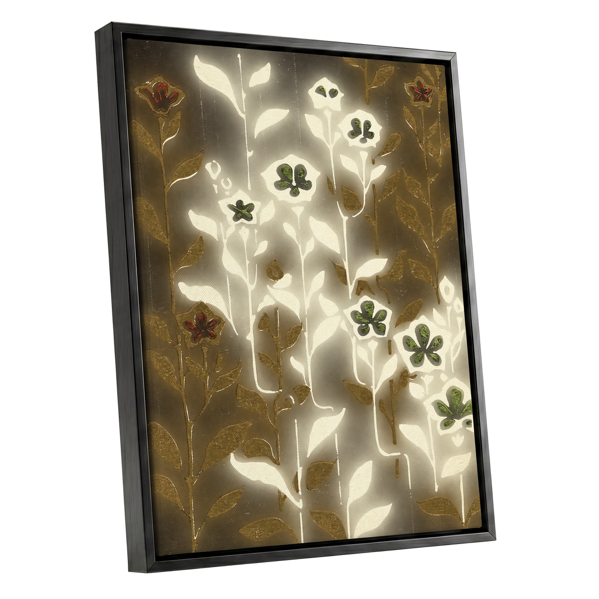 Gilded Botanical Glow, beige, white, gold floral wall art shown as a black framed canvas wall art