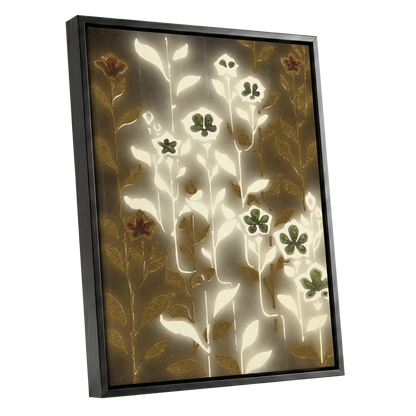 Gilded Botanical Glow, beige, white, gold floral wall art shown as a black framed canvas wall art