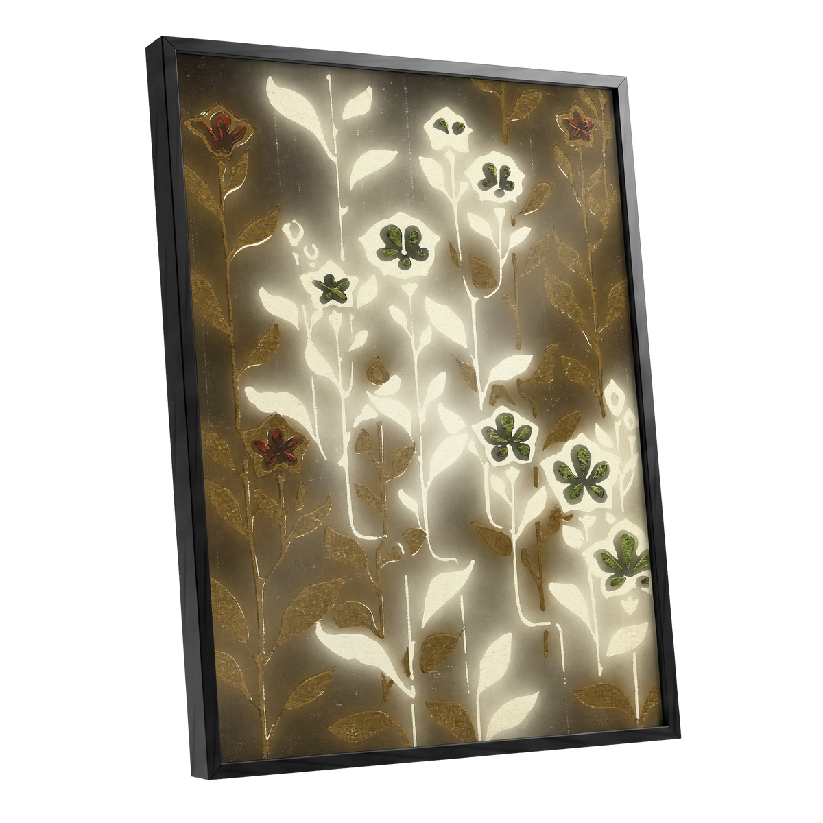 Gilded Botanical Glow, beige, white, gold floral wall art shown as a black framed poster wall art print