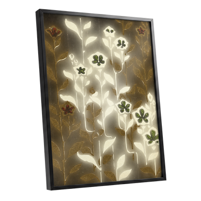 Gilded Botanical Glow, beige, white, gold floral wall art shown as a black framed poster wall art print