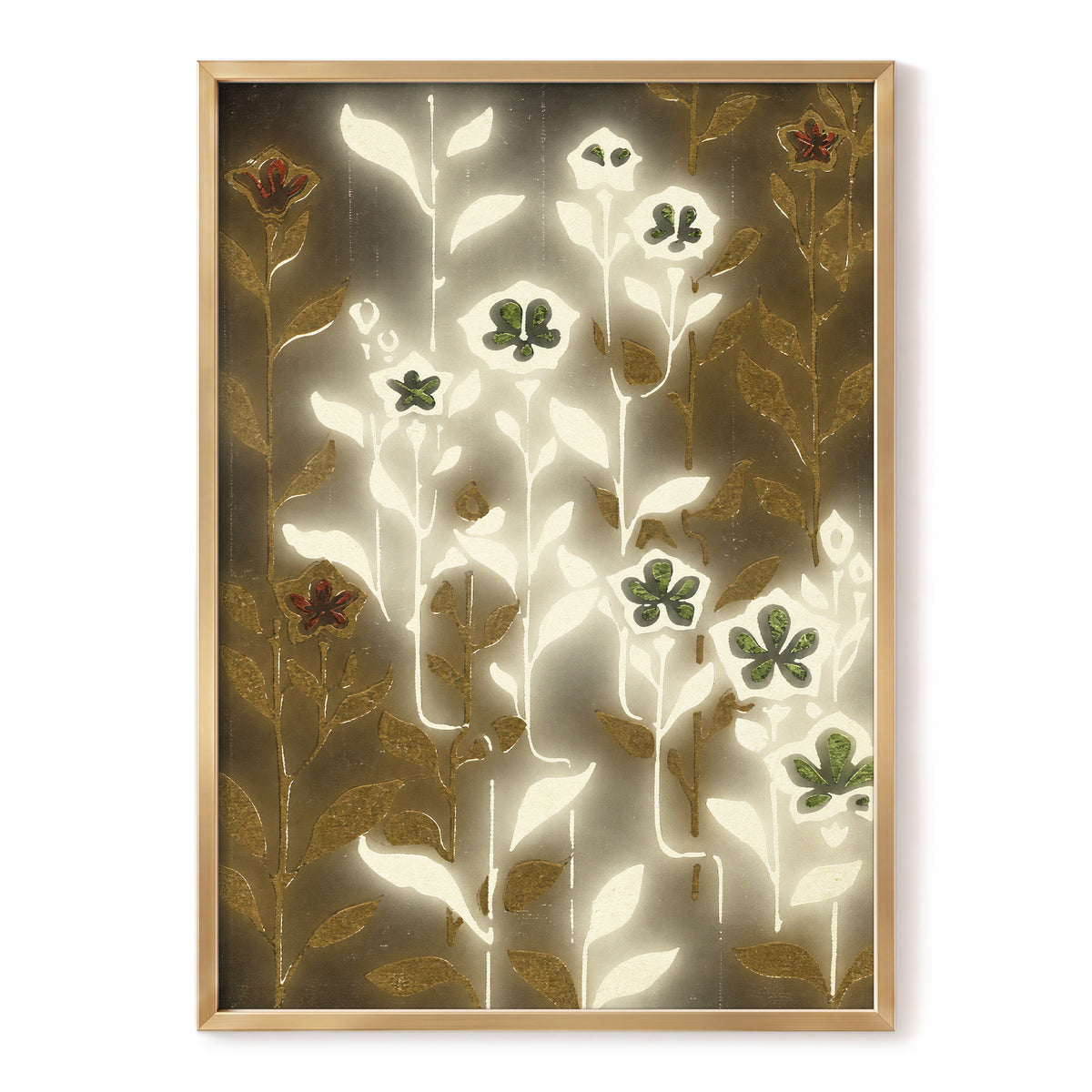 Gilded Botanical Glow, beige, white, gold floral wall art, front artwork view