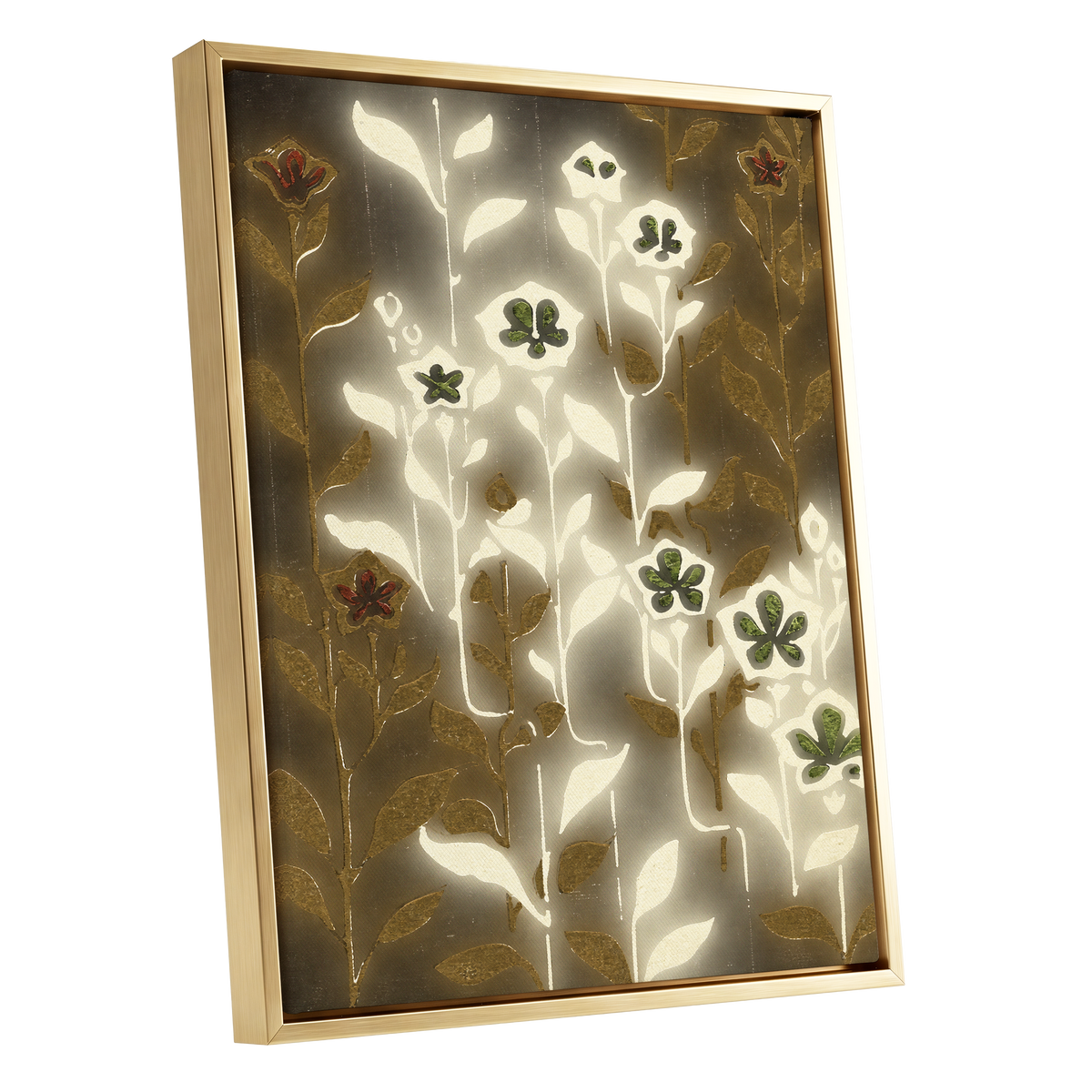 Gilded Botanical Glow, beige, white, gold floral wall art shown as a gold framed canvas wall art