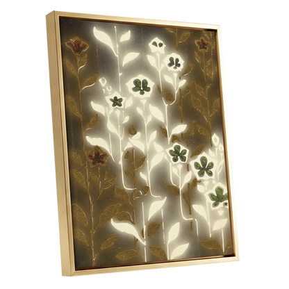 Gilded Botanical Glow, beige, white, gold floral wall art shown as a gold framed canvas wall art