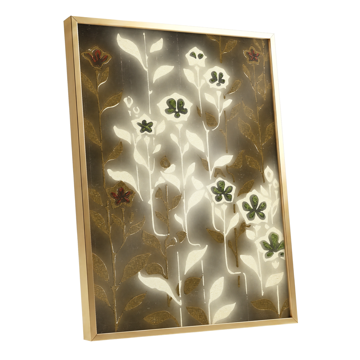 Gilded Botanical Glow, beige, white, gold floral wall art shown as a gold framed poster wall art print