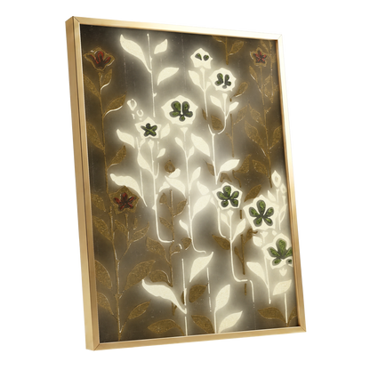 Gilded Botanical Glow, beige, white, gold floral wall art shown as a gold framed poster wall art print