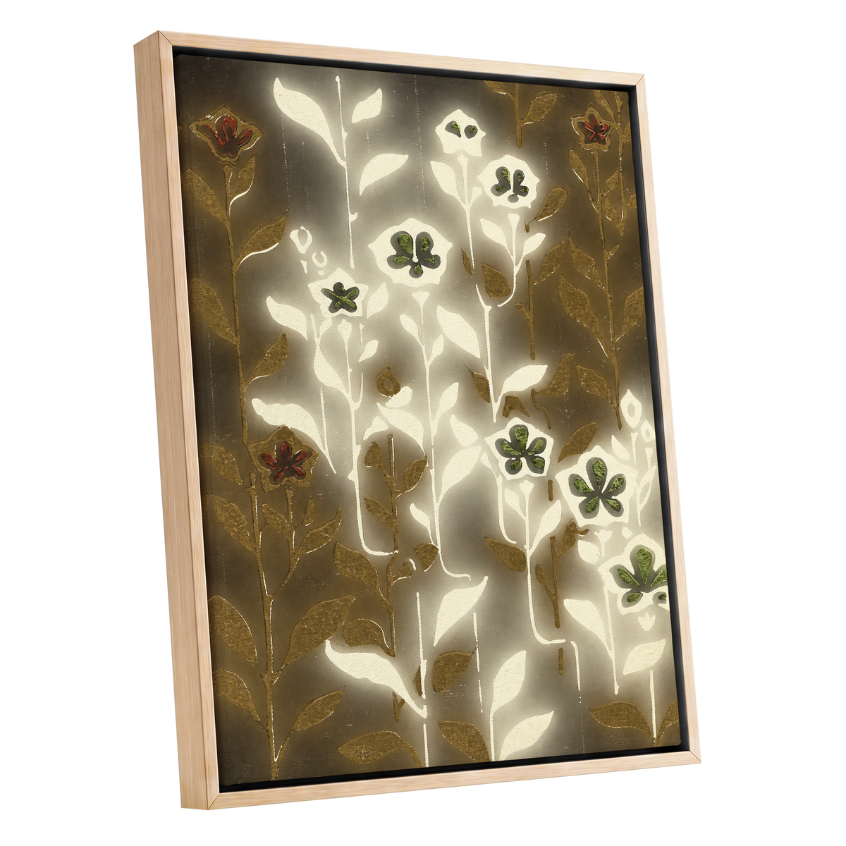 Gilded Botanical Glow, beige, white, gold floral wall art shown as a oak framed canvas wall art