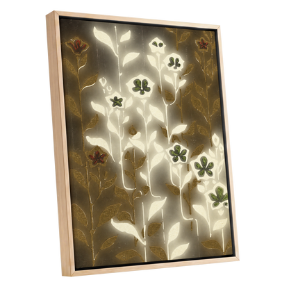 Gilded Botanical Glow, beige, white, gold floral wall art shown as a oak framed canvas wall art