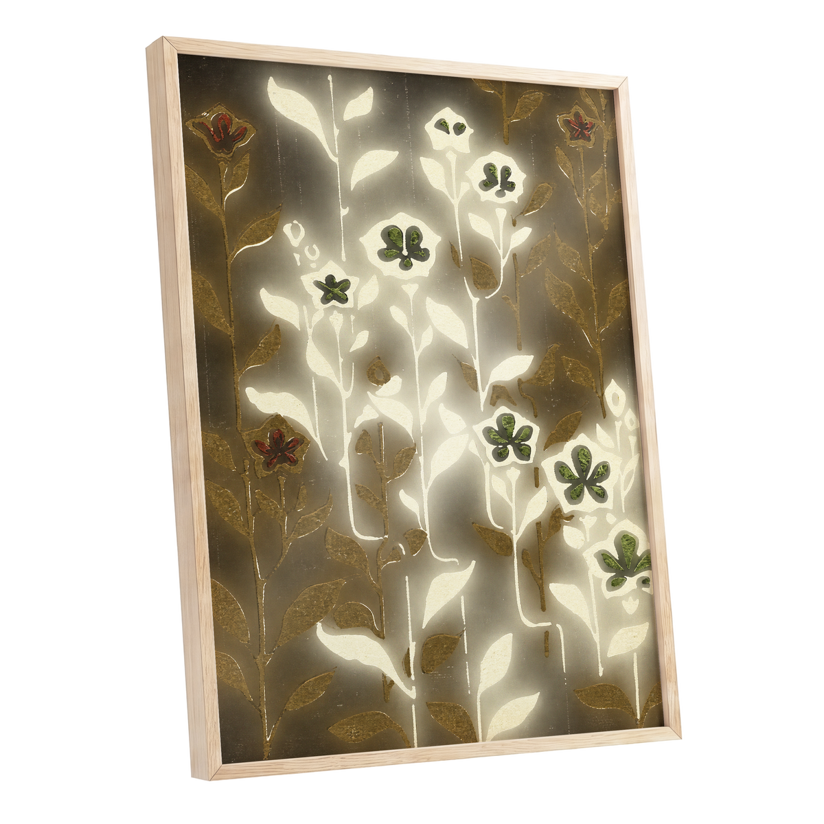 Gilded Botanical Glow, beige, white, gold floral wall art shown as a oak framed poster wall art print