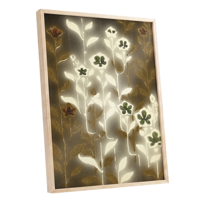Gilded Botanical Glow, beige, white, gold floral wall art shown as a oak framed poster wall art print
