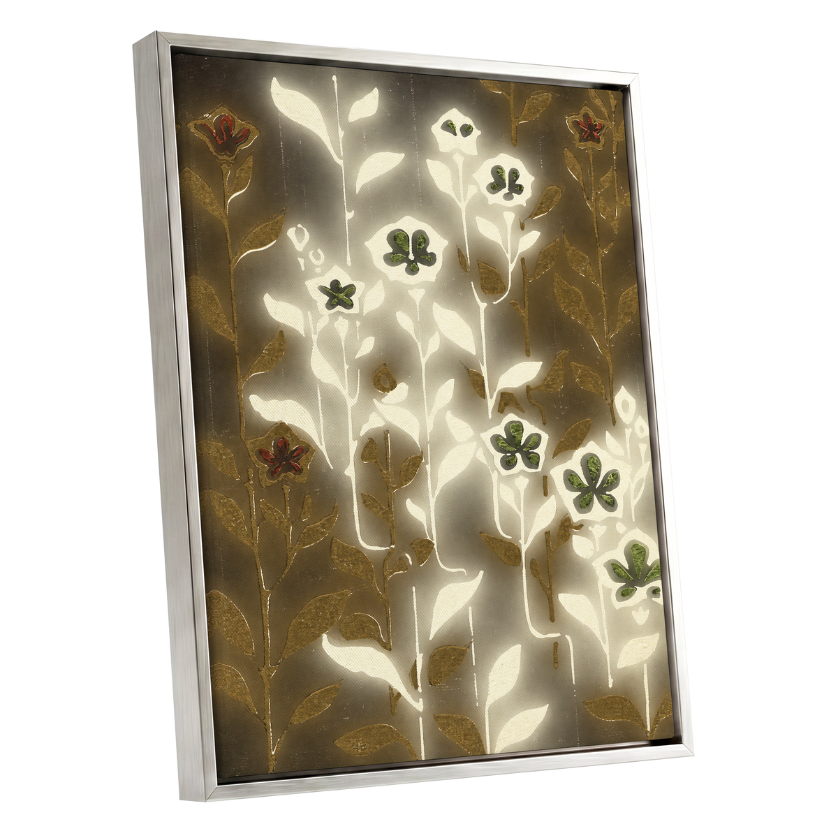Gilded Botanical Glow, beige, white, gold floral wall art shown as a silver framed canvas wall art