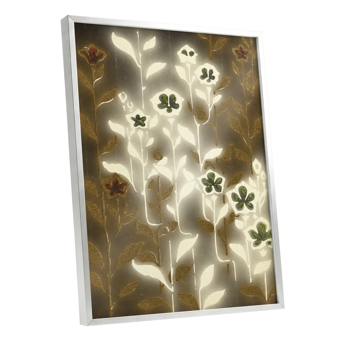 Gilded Botanical Glow, beige, white, gold floral wall art shown as a silver framed poster wall art print