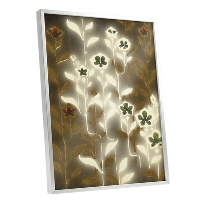 Gilded Botanical Glow, beige, white, gold floral wall art shown as a silver framed poster wall art print