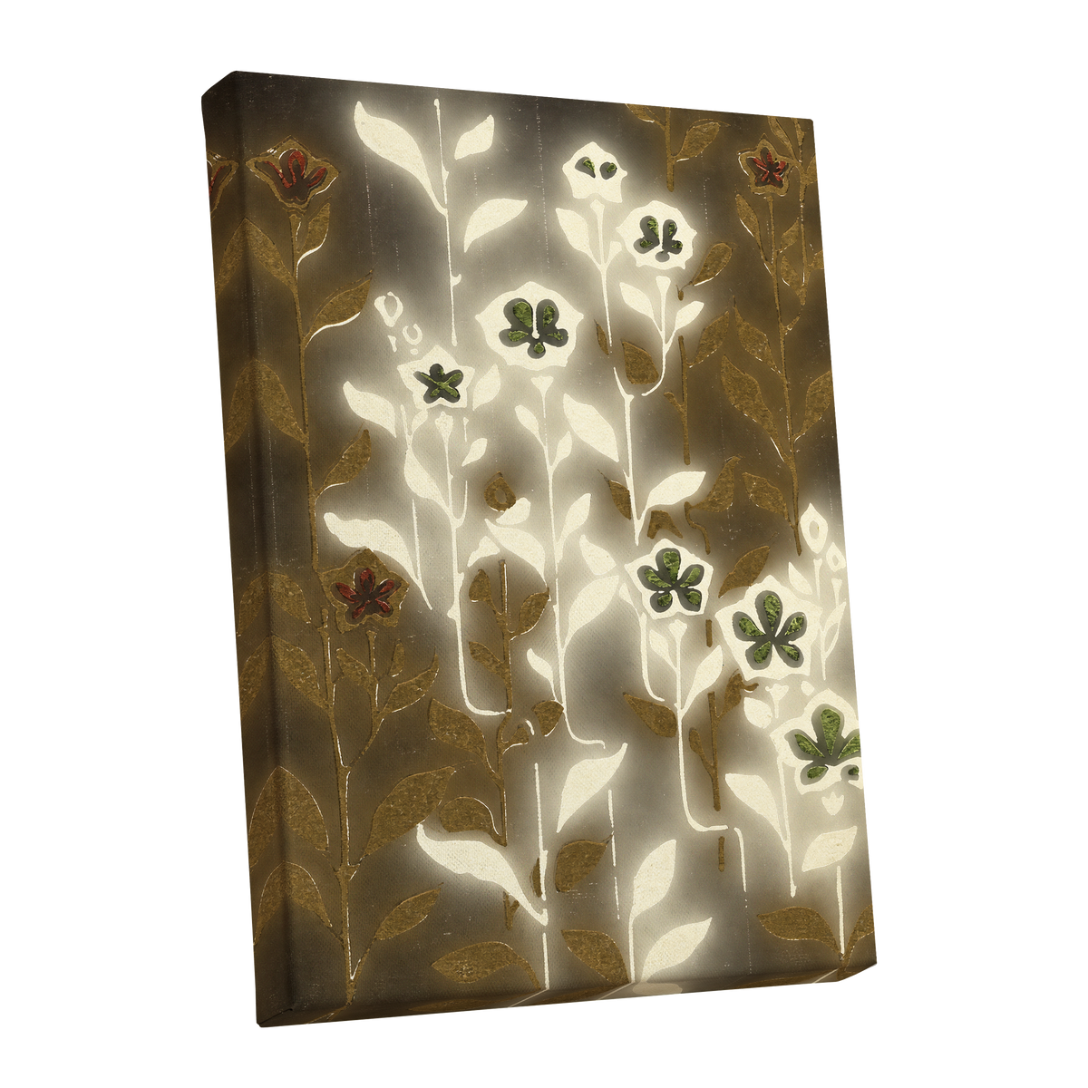 Gilded Botanical Glow, beige, white, gold floral wall art shown as a stretched canvas wall art