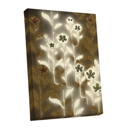 Gilded Botanical Glow, beige, white, gold floral wall art shown as a stretched canvas wall art