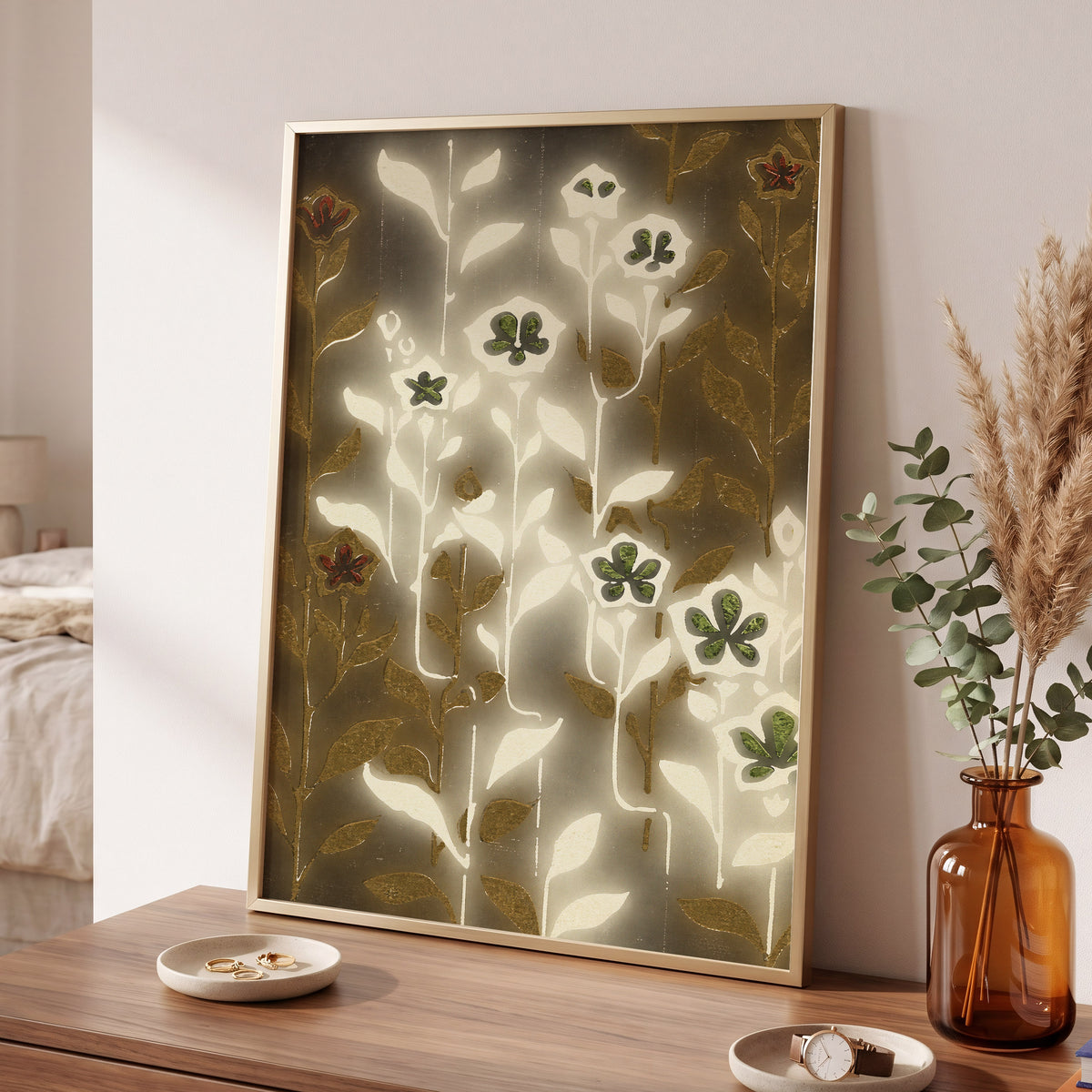 Gilded Botanical Glow, beige, white, gold floral wall art displayed in a styled interior, gallery view 2