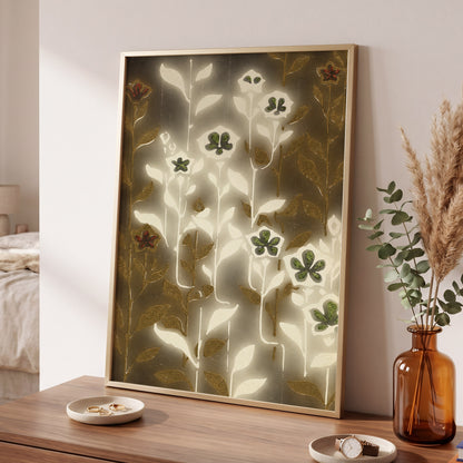 Gilded Botanical Glow, beige, white, gold floral wall art displayed in a styled interior, gallery view 2