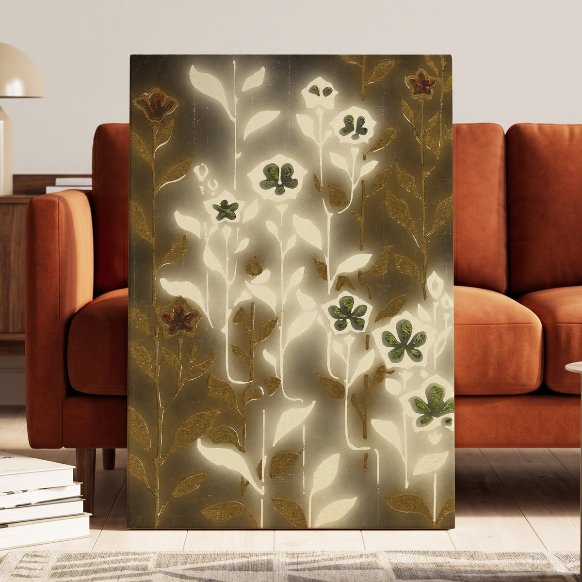 Gilded Botanical Glow, beige, white, gold floral wall art displayed in a styled interior, gallery view 3