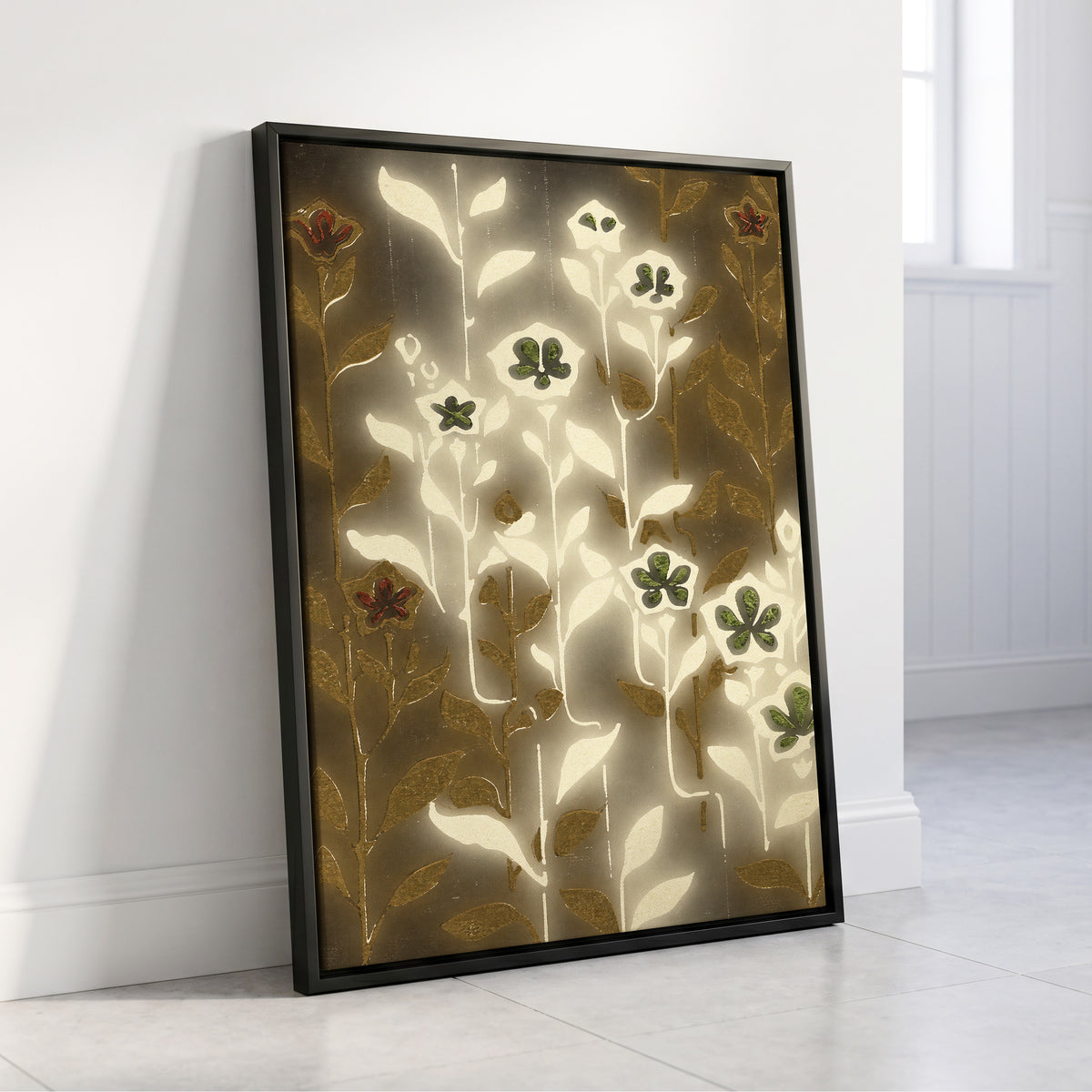 Gilded Botanical Glow, beige, white, gold floral wall art displayed in a styled interior, gallery view 4