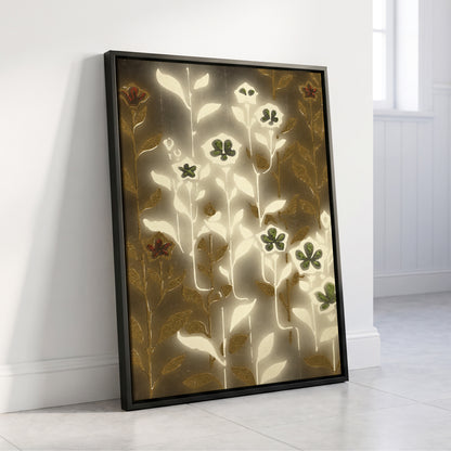 Gilded Botanical Glow, beige, white, gold floral wall art displayed in a styled interior, gallery view 4