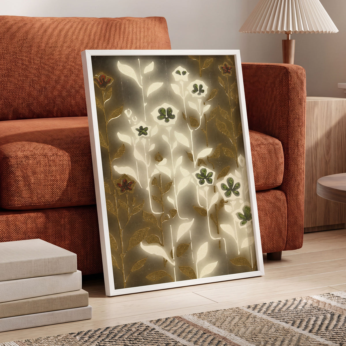 Gilded Botanical Glow, beige, white, gold floral wall art displayed in a styled interior, gallery view 6