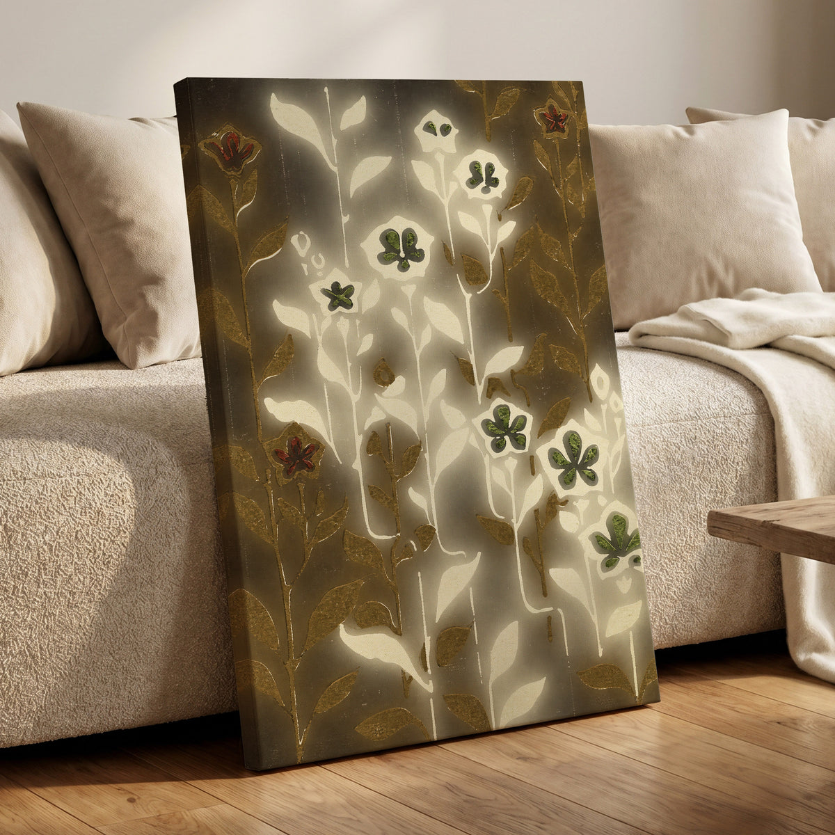Gilded Botanical Glow, beige, white, gold floral wall art displayed in a styled interior, gallery view 7