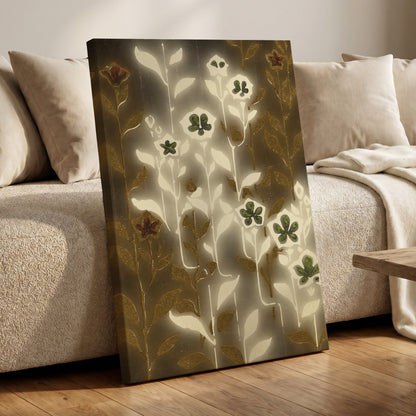 Gilded Botanical Glow, beige, white, gold floral wall art displayed in a styled interior, gallery view 7