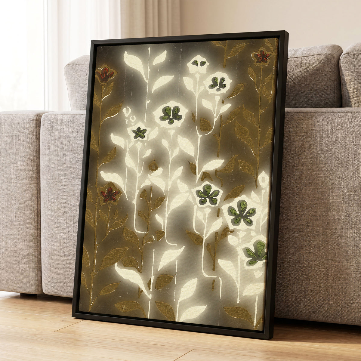 Gilded Botanical Glow, beige, white, gold floral wall art displayed in a styled interior, gallery view 8