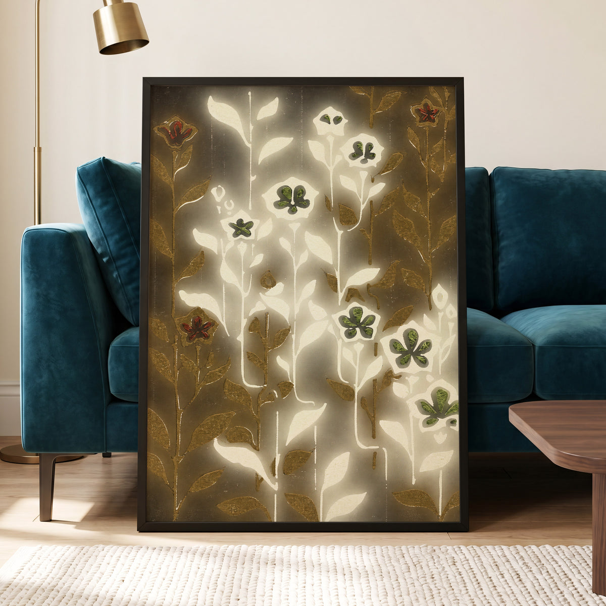 Gilded Botanical Glow, beige, white, gold floral wall art displayed in a styled interior, gallery view 9