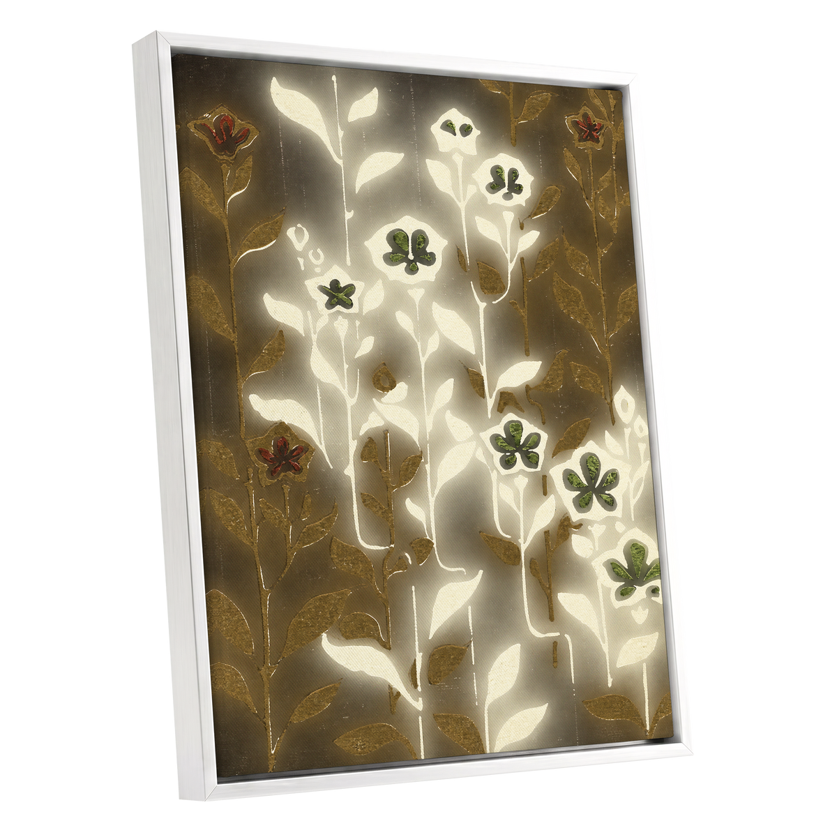 Gilded Botanical Glow, beige, white, gold floral wall art shown as a white framed canvas wall art