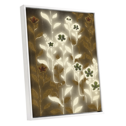 Gilded Botanical Glow, beige, white, gold floral wall art shown as a white framed canvas wall art