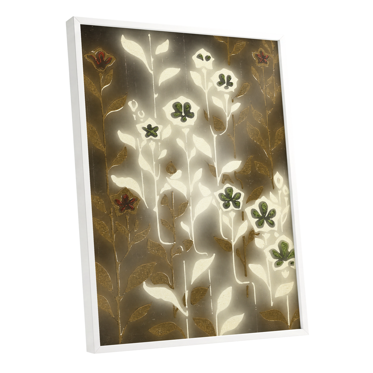 Gilded Botanical Glow, beige, white, gold floral wall art shown as a white framed poster wall art print