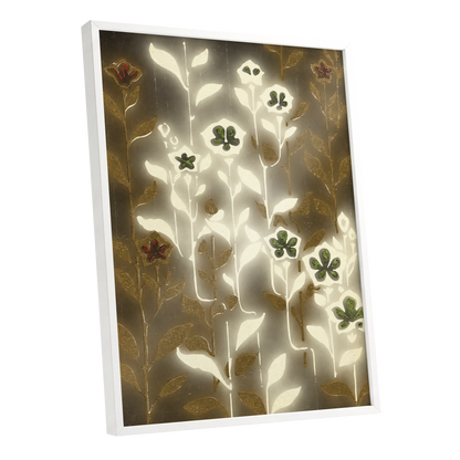Gilded Botanical Glow, beige, white, gold floral wall art shown as a white framed poster wall art print