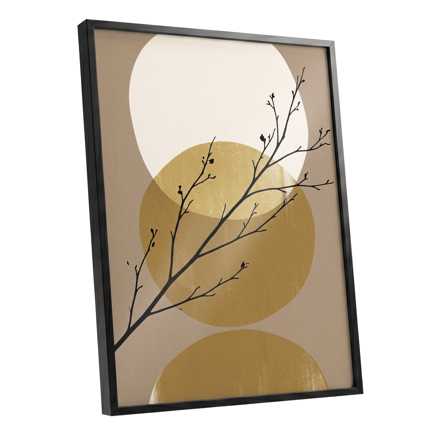 Gilded Branches, black, beige, gold nature wall art shown as a black framed poster wall art print