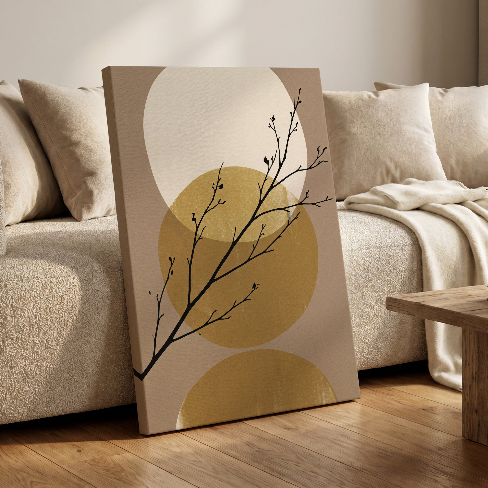 Gilded Branches, black, beige, gold nature wall art on canvas displayed in a styled interior, gallery view 1